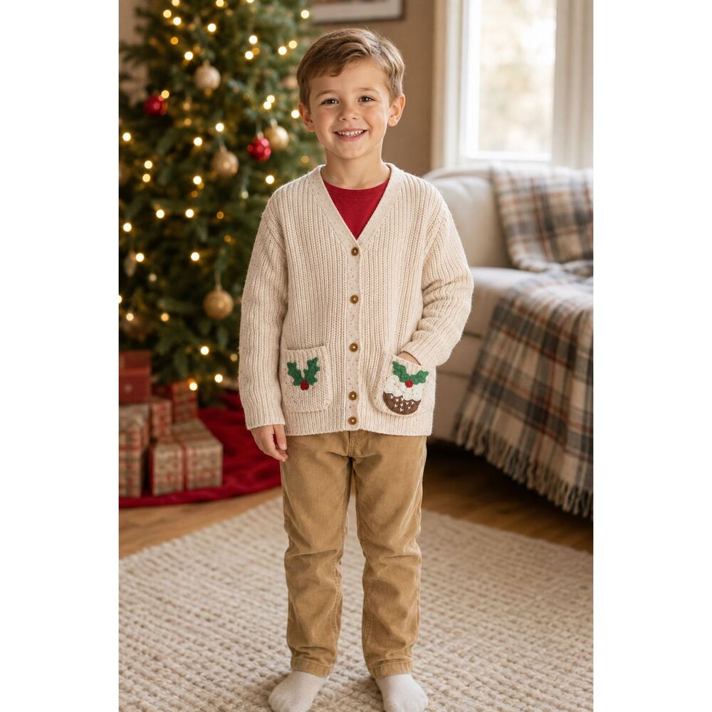 NEXT Kids Christmas Cardigan 5-6 Years Jolly & Bright Pudding Pockets NWT
